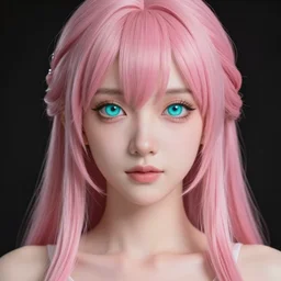 stunningly beautiful omnipotent anime goddess with smooth porcelain skin, pink hair and mesmerizing cyan eyes, symmetrical, unreal engine 5, 8 k