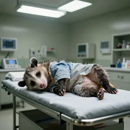 anthropomorphic opossum wearing human clothes, laying dead on its back on a coroner's table in a morgue, bright florescent lighting, scientific and medical equipment in the background, zoomed out, movie still, photograph, 4k