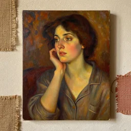 portrait in femininity, thoughtful face, warm glow, cozy room bathed in light, captured memory, recollection, impressionism, woven textiles, stucco wall, radiosity, pj crook, terrazzo, alphonse mucha, livia prima, artgerm, nick alm, casey baugh, deep color, oil on canvas
