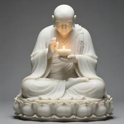a photo of a detailed marble statue of a monk wearing a long robe reaching down to the feet, holding a small lamp up to his face while sitting on a lotus.