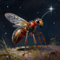 A painting of an anthropomorphic ant queen standing on her hind legs, stars in the background,  formian pathfinder,  digital art 4k unsettling,  Wayne Barlowe Greg Rutkowski