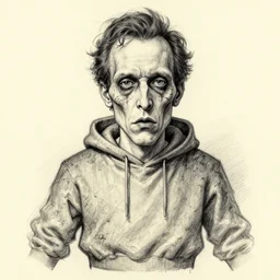 caricature of earl sweatshirt!, a drawing of a man with a scarred and grotesque face, a pencil sketch by almada negreiros, trending on deviantart, fantastic realism, pencil sketch, ink drawing, concept art, macabre, gothic