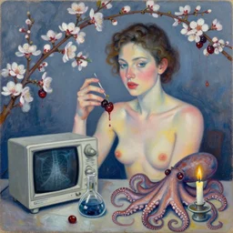 transgender, portrait of a female art student, scientific glassware, oscilloscope, x - ray, sensual, sweet almost oil, almond blossom, squashed berries dripping, octopus, candlelight, neo - impressionist, surrealism, acrylic and spray paint and oilstick on canvas