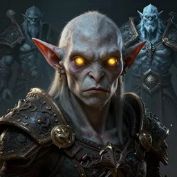 a digital art portrait of goblin with golden eyes character design from dark souls, world of warcraft frost giant character sheet, 4 k, ultra detail, volumetric lighting, unreal engine, octane render