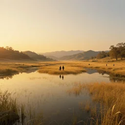 symmetry!! surreal landscape of a dream, lucid dream, people, very detailed, serene, peaceful, golden hour, perfect lighting, perfect composition, digital art, illustration, john howe, tim white, 4 k