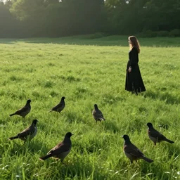 grass sun english meadow rooks and a woman. eerie dreamy beautiful. realistic. gothic