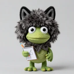 frog cleric as an albino chibi muppet plush wearing a big dark wolf pelt headdress and carrying a tiny sketch book and pencil, photorealistic, photography, national geographic, sesame street