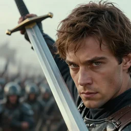close up cinematic artwork of a commander with hazel eyes and brown hair in his twenties with his sword raised in the air in front of his army, staring down the enemy by Greg Rutkowski, 4k, masterpiece
