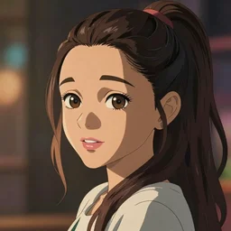 High quality portrait of Ariane Grande. Art by Makoto Shinkai, Crunchyroll, pixiv, danbooru, HD, headshot, cinematic still, detailed anime face, bokeh, digital art, cel shading, vivid colors, ambient lighting