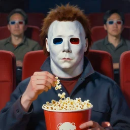 painting of Michael Myers wearing 3D glasses sitting in a row of movie theater seats eating popcorn, sharp focus, face focused, trending on ArtStation, masterpiece, by Greg Rutkowski, by Ross Tran, by Fenghua Zhong, octane, soft render, oil on canvas, moody lighting, high contrast, cinematic, professional environmental concept art