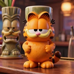 a closeup photorealistic photograph of an orange cat garfield style tiki mug sitting on a trader vic's bar featuring garfield's face. tiki party. bright scene. fine detail. this 4 k hd image is trending on artstation, featured on behance, well - rendered, extra crisp, features intricate detail, epic composition and the style of unreal engine.