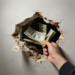 a hand breaks a wall. money comes out of the wall. Masterpiece , ultra realistic, ultra detailed, concept art, trending on artstation