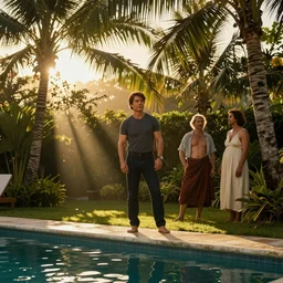 tom cruise, golden hour, in a tropical garden by a pool, artstation, by j. c. leyendecker and peter paul rubens,