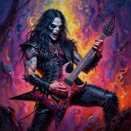 cinematic shot of trey azagthoth morbid angel playing a guitar solo by michael whelan, vibrant psychedelic colors, heavy metal, spikey bc rich guitar, highly detailed apocalyptic oil painting by michael whelan art