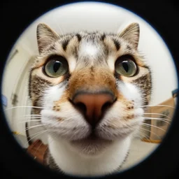 up close fisheye lens photo of a cats face, fisheye lens