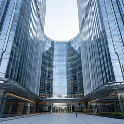 skyscraper courtyard, photorealistic, slick, smooth, modern, futuristic, glassy, reflective streamlined