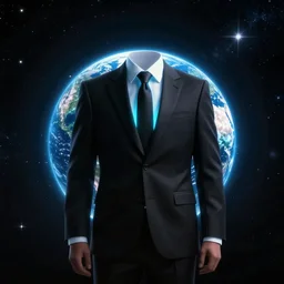 earth in a black suit with black tie, neon glow, cinimatic, in space, stars in the background