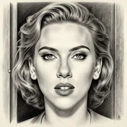 symmetrical, scarlett johansson at your door, eyes drawn by jose vergara, ultimate portrait painting, pencil and ink, charcoal, ultrafine design, ultimate perfect, 1 9 4 0 s hair style, greg rutkowski, wide angle lens, hyperrealism, realistic lighting