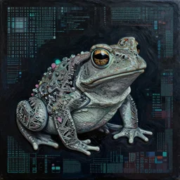 toad, error, tribal, shape of frogs, artwork, abstract, acrylic, oil, clay, line work, mixed, stipples, glitch, pixels, geometry, data, datamosh, data, motherboard, minimal, computers, binary, code, c + +, cybernetic, splotches, painting, dark, eerie, cyber, latitude and longitude