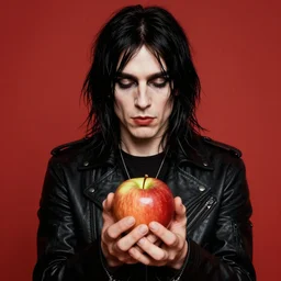 edward scissors hands holding an apple, saturated image, centralised, barroc