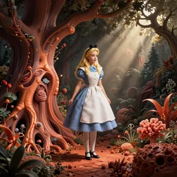 alice in wonderland, victorian concept art, dark and light, intricate anatomical detail. firebrick and coral naturecore art