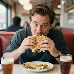 JC Denton eating a sandwich at a New York Diner