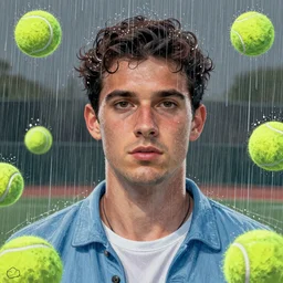 portrait, raining tennis balls, chalk, colorful, digital art, fantasy, magic, trending on artstation, ultra detailed, professional illustration by Basil Gogos
