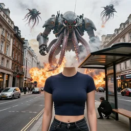 2 0 2 2 perfect tight crop colour street level portrait photograph of bow high street in london an invading aerial fleet of armoured gargantuan giant mechanised squids, bombarding the area with flaming jelly attacks. a man is cowering beneath a bus shelter