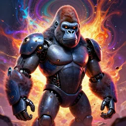 portrait of a anthropomorphic evil gorilla robot with human characteristics, digital art, epic composition, fantasy, explosion of color, highly detailed, in the style of jake parker, in the style of conrad roset, swirly vibrant colors, sharp focus