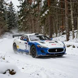 a 2 0 1 0 maserati granturismo s, racing through a rally stage in a snowy forest