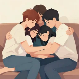 3 young people cuddling, in the sofa, 2 8 4, romantic, group hug, polyamory, highly detailed, smooth, stylized, vector line art, clean cel shaded vector art, by lois van baarle and ross tron, artgerm, helen huang, makoto shinkai, ilya kuvshinov, rossdraws