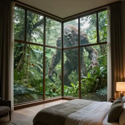inside view of a large bedroom filled with large glass windows, large creepy creature outside, on top of the rainforest canopy