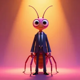colorful full body shot of a thin anthropomorphic 🐛  with big eyes wearing a suit, with long thin antennae, trending on artstation, trending on deviantart ,cinematic backlighting, 8k, symmetrical, correct proportions, hyper detail illustration by tim schafer, vibrant colors, by pixar, orange lights, pink shadows
