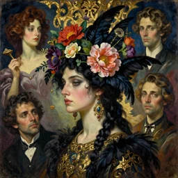dynamic composition, a painting of a woman with hair of flowers and raven plummage wearing ornate earrings, a surrealist painting by tom bagshaw and jacek yerga and tamara de lempicka and jesse king, featured on cgsociety, pop surrealism, surrealist, dramatic lighting, wiccan, pre - raphaelite, ornate gilded details