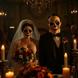 disturbing big budget hollywood movie of a bride and groom at a wedding everyone is wearing terrifying scary halloween masks at the marriage of reason and squalor dramatic lighting chiaroscuro