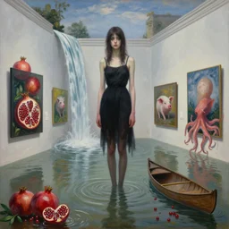 painting of a flooded london art gallery, painting of a tall emo girl, paintings on the wall, pomegranates, waterfall,, pigs, octopus, canoe, berries, liminal space, sensual, surrealist, by magritte and monet