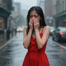 a girl in a red dress crying in the middle of a city while its raining, digital art
