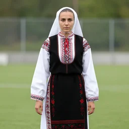 female soccer player fully clothed in bulgarian traditional clothes