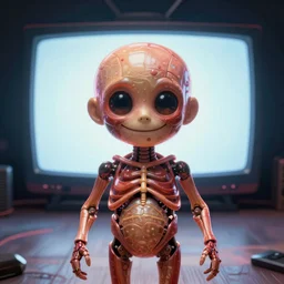 smooth detailed art of sleep paralysis homunculus staring at you smiling while a large tv glows behind it, well lit, digital art, surrealist painting, award winning, high quality, 4k hd, ranking number 1, sharp, backlit, gorgeous lighting