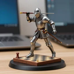 figurine of medieval knight playing games on a computer, personification, dynamic pose, detailed product photo, featured on amiami, 8 k, 8 5 mm, f. 1 4, beautiful composition,