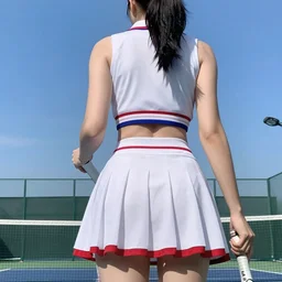color video footage of a woman in tennis wear in the tennis coat, view from behind, summer, sky