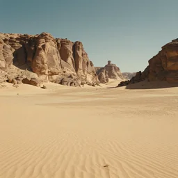 A stunning, epic, cinematic film still of a desert planet with rocky cliffs in the distance.