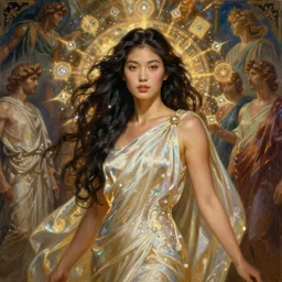 highly detailed oil painting of elegant nora _ kyzy asian super goddess, sun kissed face, long hair, glowing skin, silky flowing alive cloth, greek scene, beautiful face by leyendecker, dozens of astral diamoind sigils in air, by greg rutkowski, brom, anato finnstark, alphonse mucha, cinematic lighting,
