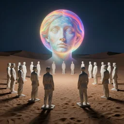 simplicity, desert dunes, high exposure at night, marble sculptures of a crowd of people everywhere looking at a luminous colorful sphere, portrait face, apocalypse, ethereal, by miles johnston, by william godward, by moebius, by simon stalenhag, by gustave dore, by andrew jones, by pekka halonen, by beeple, volumetric lighting, masterpiece