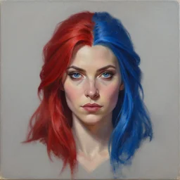 A detailed matte oil on canvas head on symmetrical portrait of a distinguished elven woman with split red and blue hair on an empty background,  by Charlie bowater, Wlop, trending on artstationhd,  dungeons and dragons art,  half & half hair, split dye, critical role