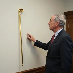a rutgers university president looking wistfully at a golden cane mounted on the wall of his office, 1 9 2 8