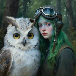 a close up portrait of a fat owl and a lonely young, beautiful woman, ww 2 pilot goggles, fine facial features, symmetrical, sad, blue skin, green hair, standing in a forrest, inspired by edward hopper and grand budapest hotel, high resolution, octane render, high detailed masterpiece painting