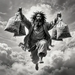 cheef keef ascending into heaven holding pounds of weed bags, biblical image, style of gustave dore, highly detailed, beautiful, high contrast, black and white