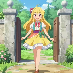 a very cute art of a smiling blonde anime girl idol wearing a colorful dress walking at the garden, in the style of anime, near a stone gate