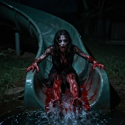 creepy water slide with blood at night, dark, fear, danger, night,